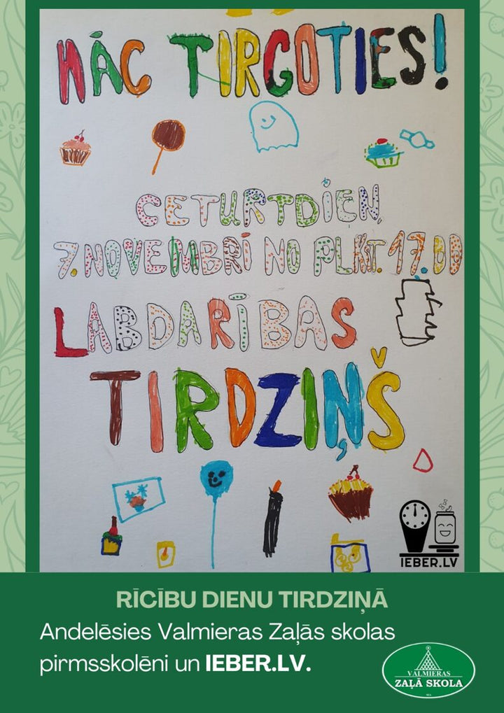 Rīcību dienas tirdziņš eko skolā ar ieber.lv izziņas stendu par ilgtspējas mazajiem soļiem