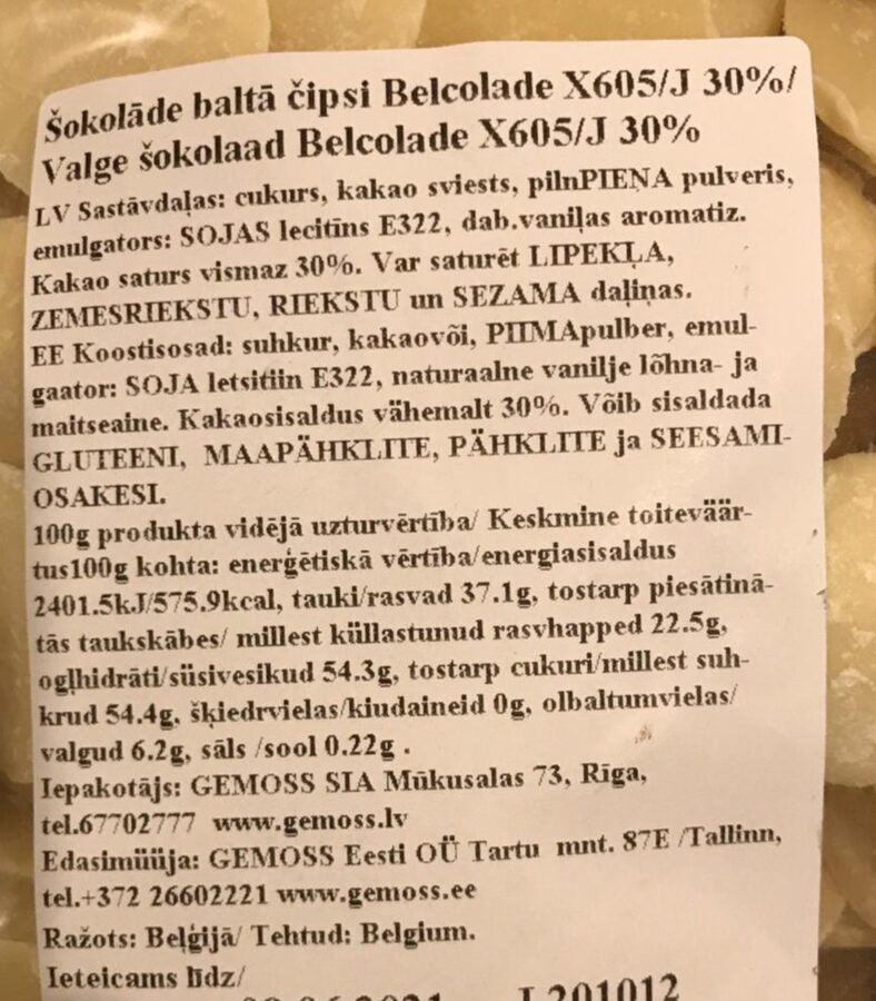 Baltās šokolādes čipsi 50g