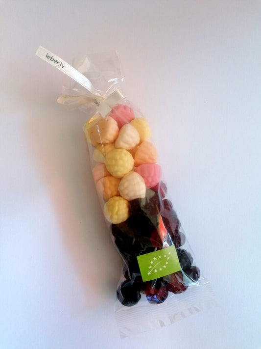 Sweets pack with BIO jelly candies made from natural fruits and berries in compostable packaging