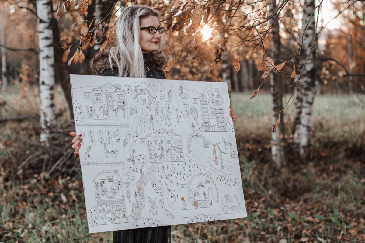 XXL sustainability coloring poster: City of small steps
