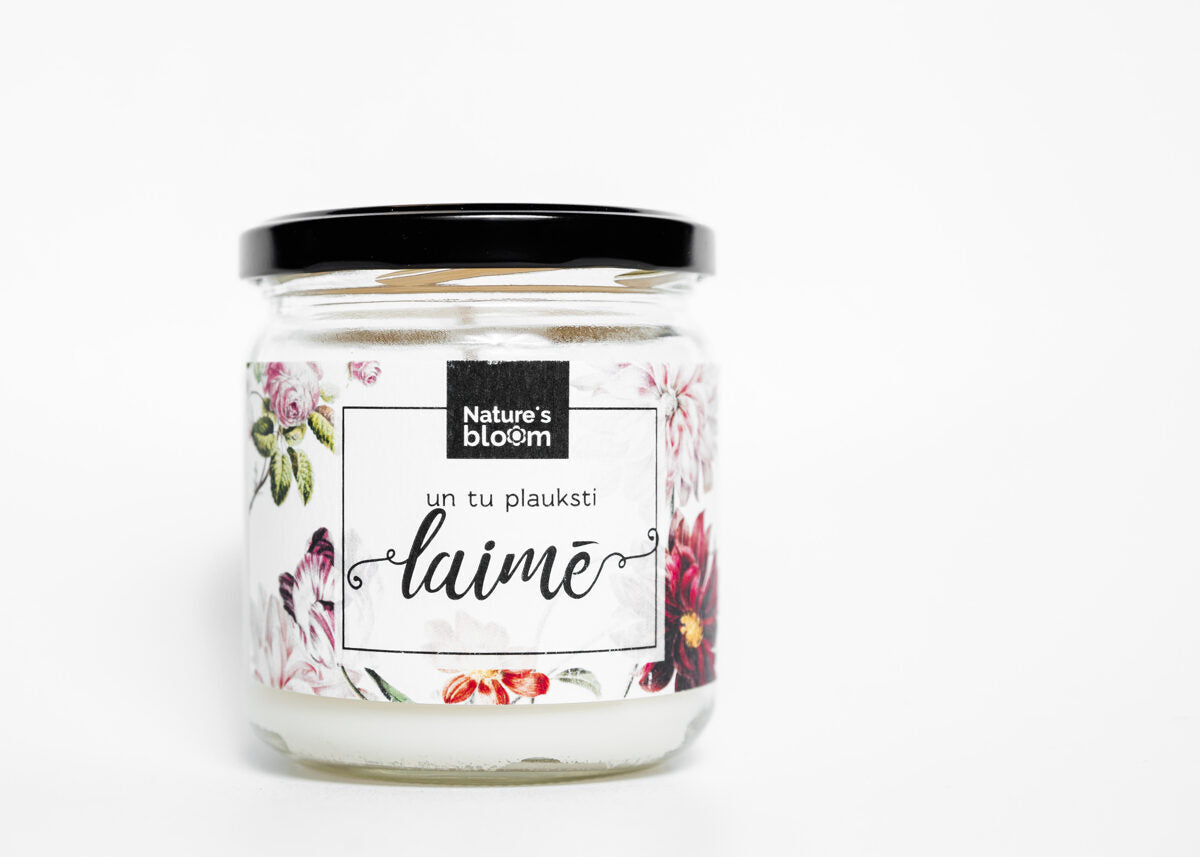 Aromātiskā vaska svece burciņā ar uzrakstu: un tu plauksti laimē